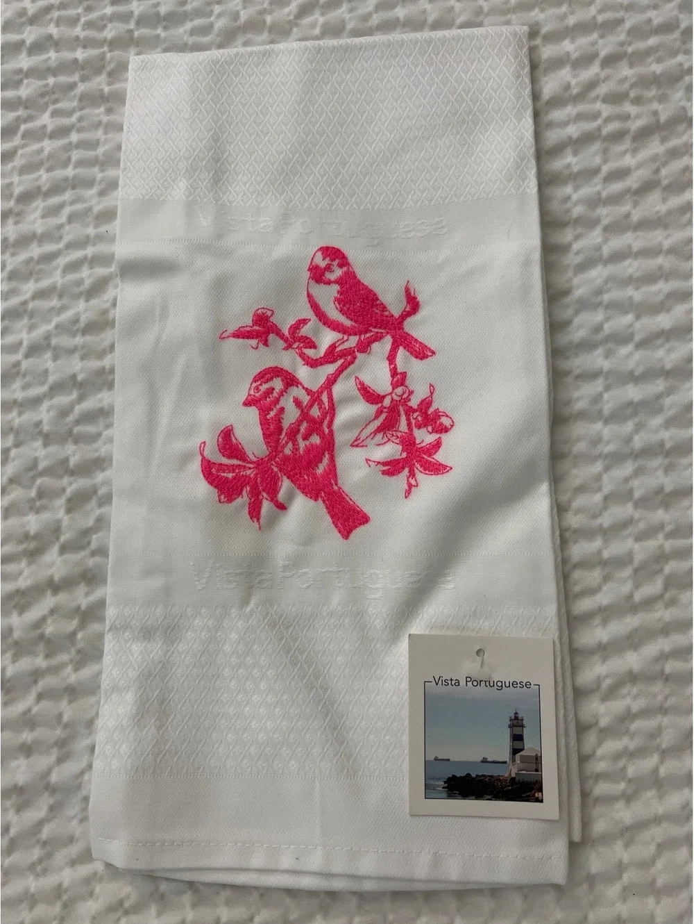 Vista Portuguese White Dish Towel with Pink Bird Embroidery